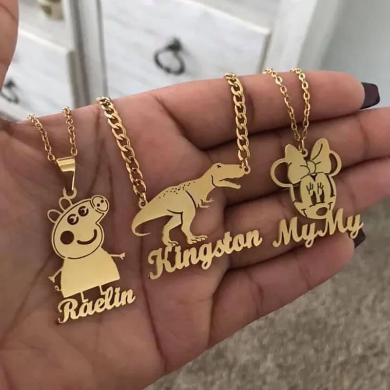 Customized Name Necklaces Personalized Jewelry Stainless Steel Nameplate Kids Pendant Cartoon Character Necklace Birthday Gifts