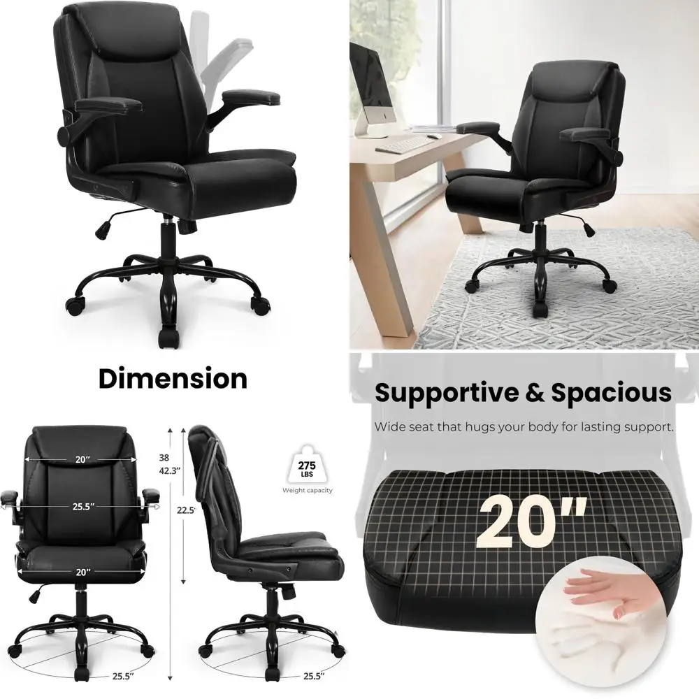 Ergonomic Mid-Back Leather Office Chair with Adjustable Armrests and Wheels for Computer Desk and Gaming