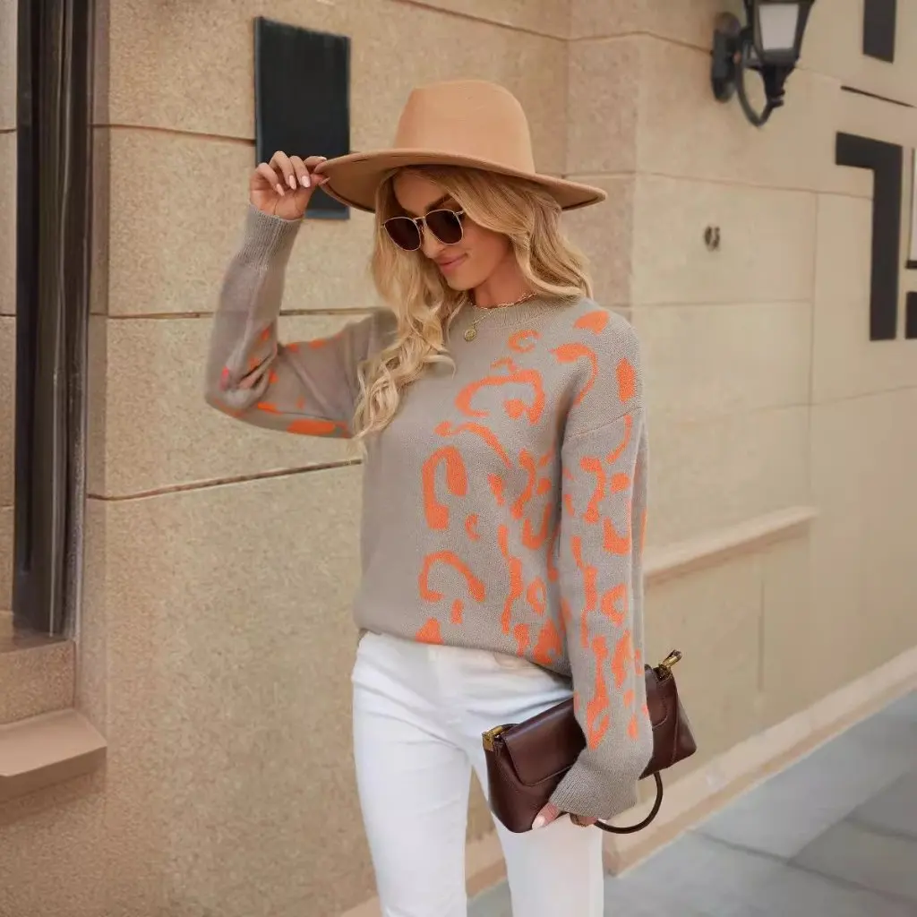 

Women's Knitted Jacquard Sweater round Neck Pullover Leopard Print Long-Sleeved Jacket Autumn Winter European American Style