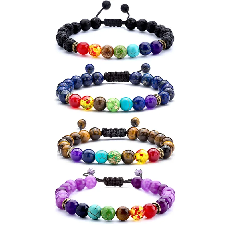 Lucky 7 Chakras Gemstone Crystal Evil Eye Bracelet Hand of Fatima Bracelets for Women Men Quartzs Beads Bangles Ethnic Jewelry