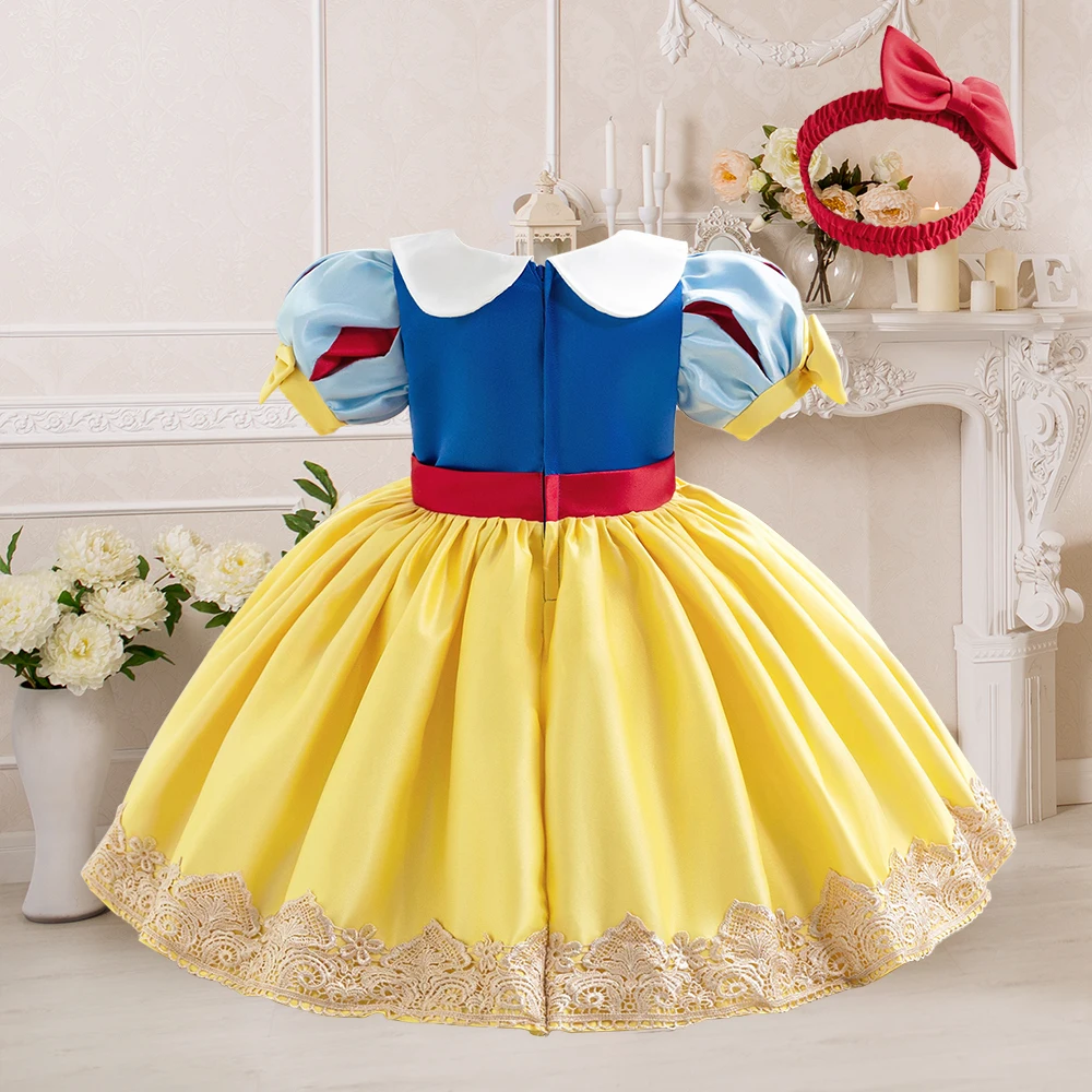 Girls 2pcs Snow White Cosplay Princess Dress Baby Girl Yellow Lace Disney Party Dresses Baby 1st Birthday Baptism New Tutu Gown