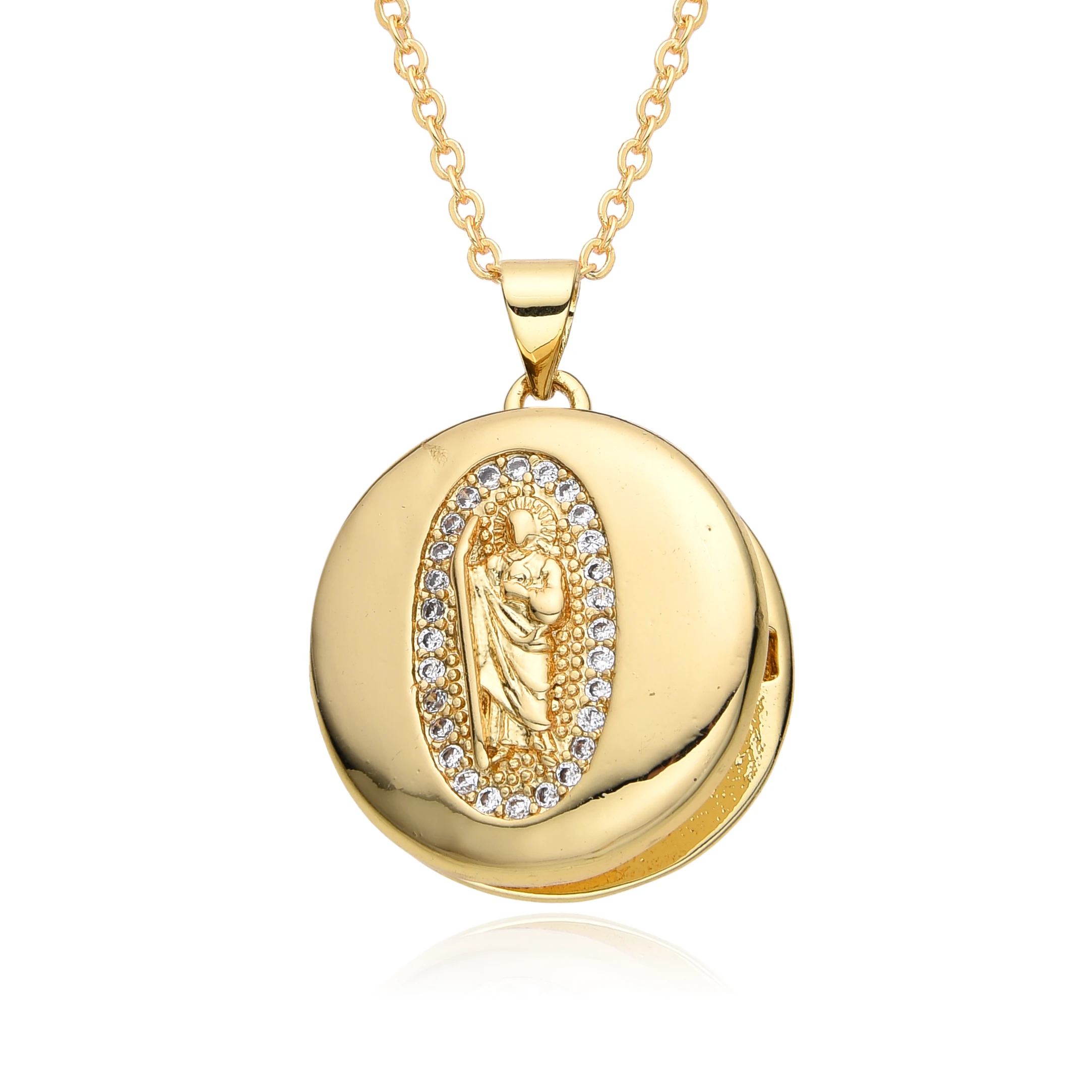 Gold Color Round San Judas Guadalupe Jesus Charms Cubic Zirconia Open Closed Photo Box Necklace for Women Choker Pendant Jewelry