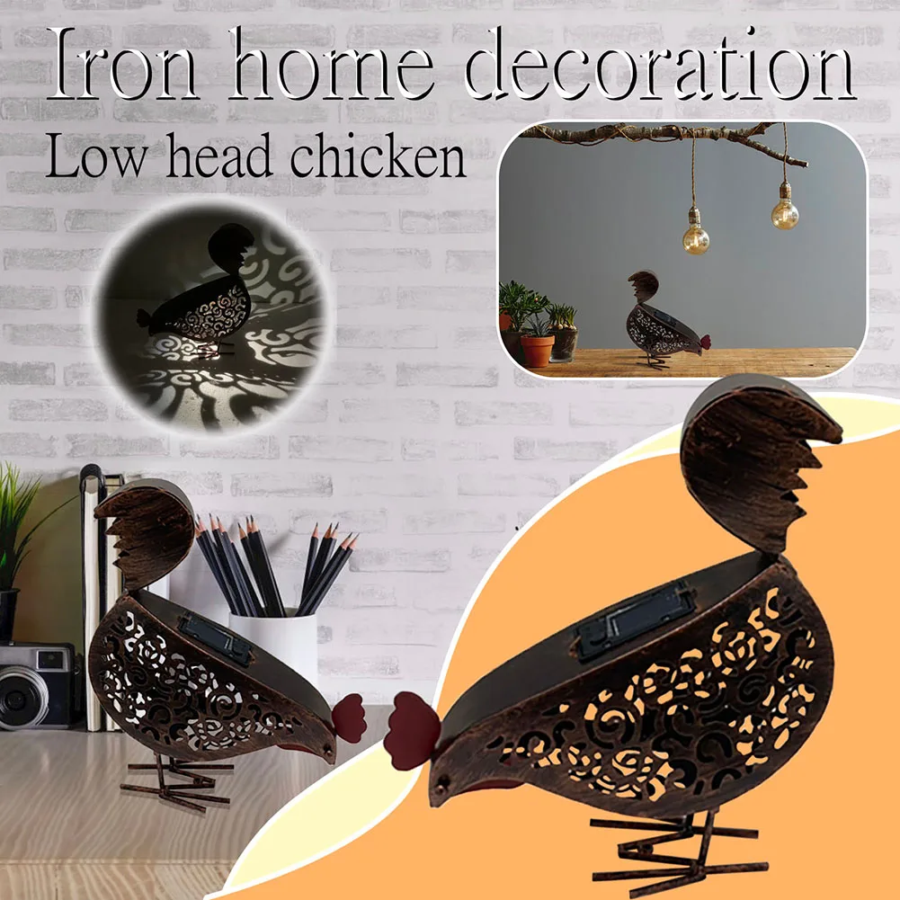 Wrought Iron Solar Chicken Lanterns Retro Hollow Solar Lights with Handle Outdoor Solar Garden Lights Decor for Yard -B