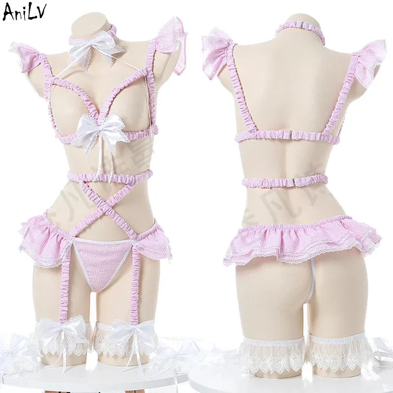 

New 2025 Anilv anime Lolita girl pink plaid straps bandage pajamas lingerie uniform costume women sexy bodysuit swimsuit eqs9X