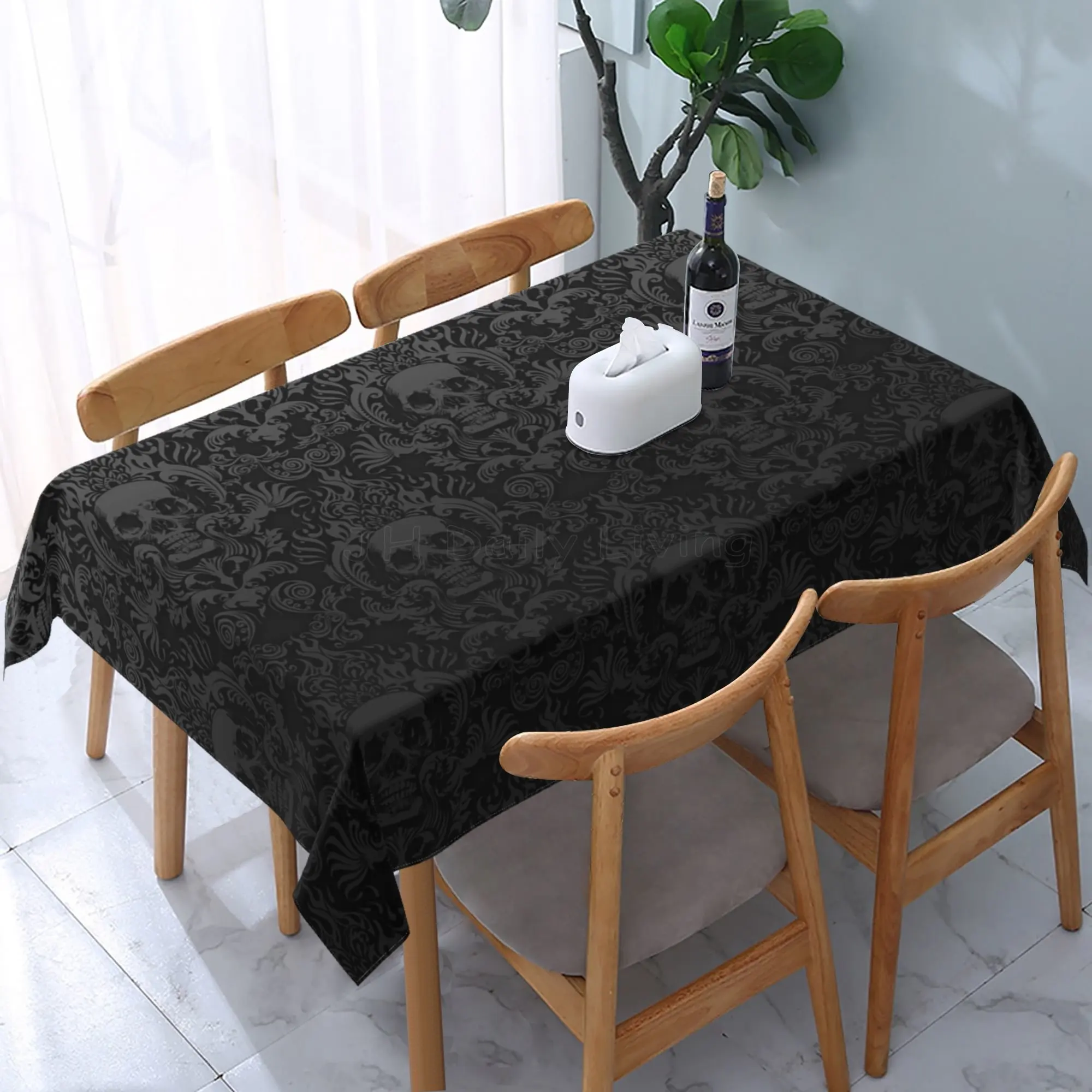 Gothic Skull Flower Black Rectangle Tablecloth Washable Polyester Table Cloth Cover for Kitchen Party Picnic Dining Decor