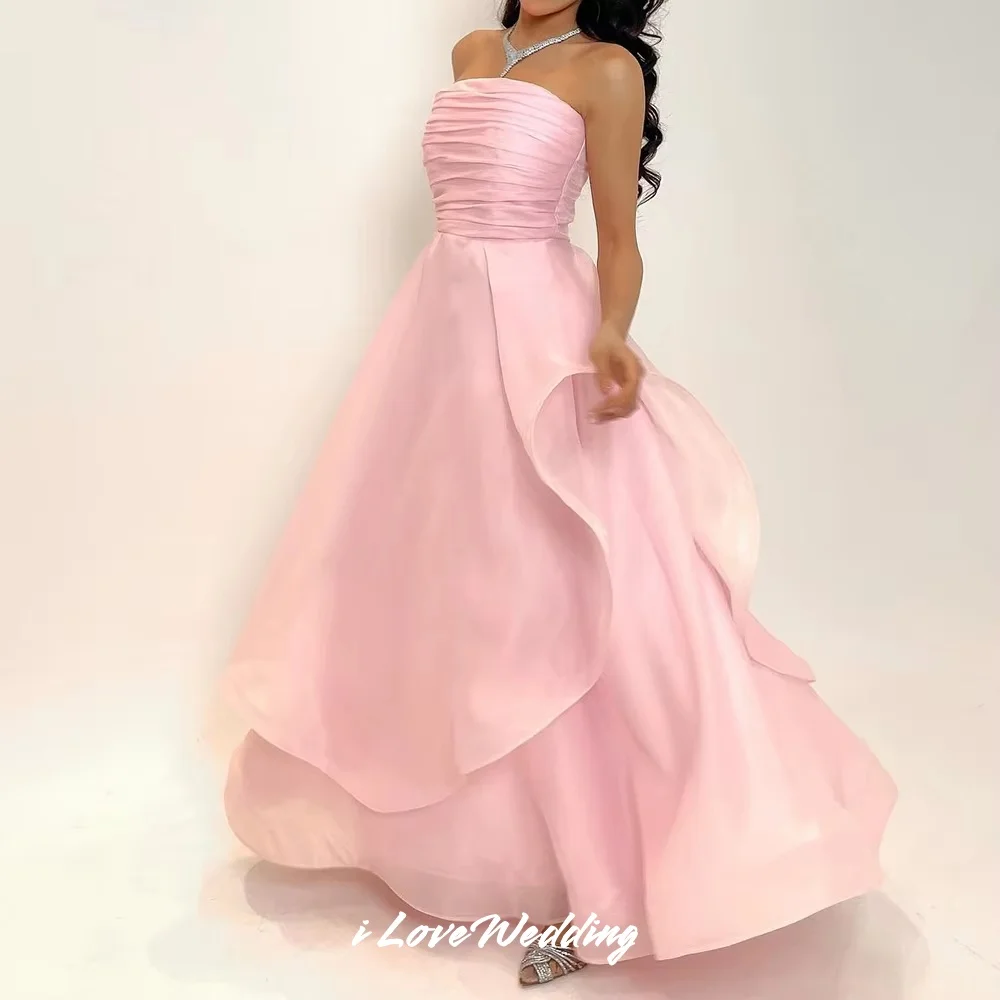 Abiti da sera senza spalline rosa 2025 Abiti da ballo con volant a trapezio senza maniche pieghettati senza maniche Abiti da festa di nozze personalizzati