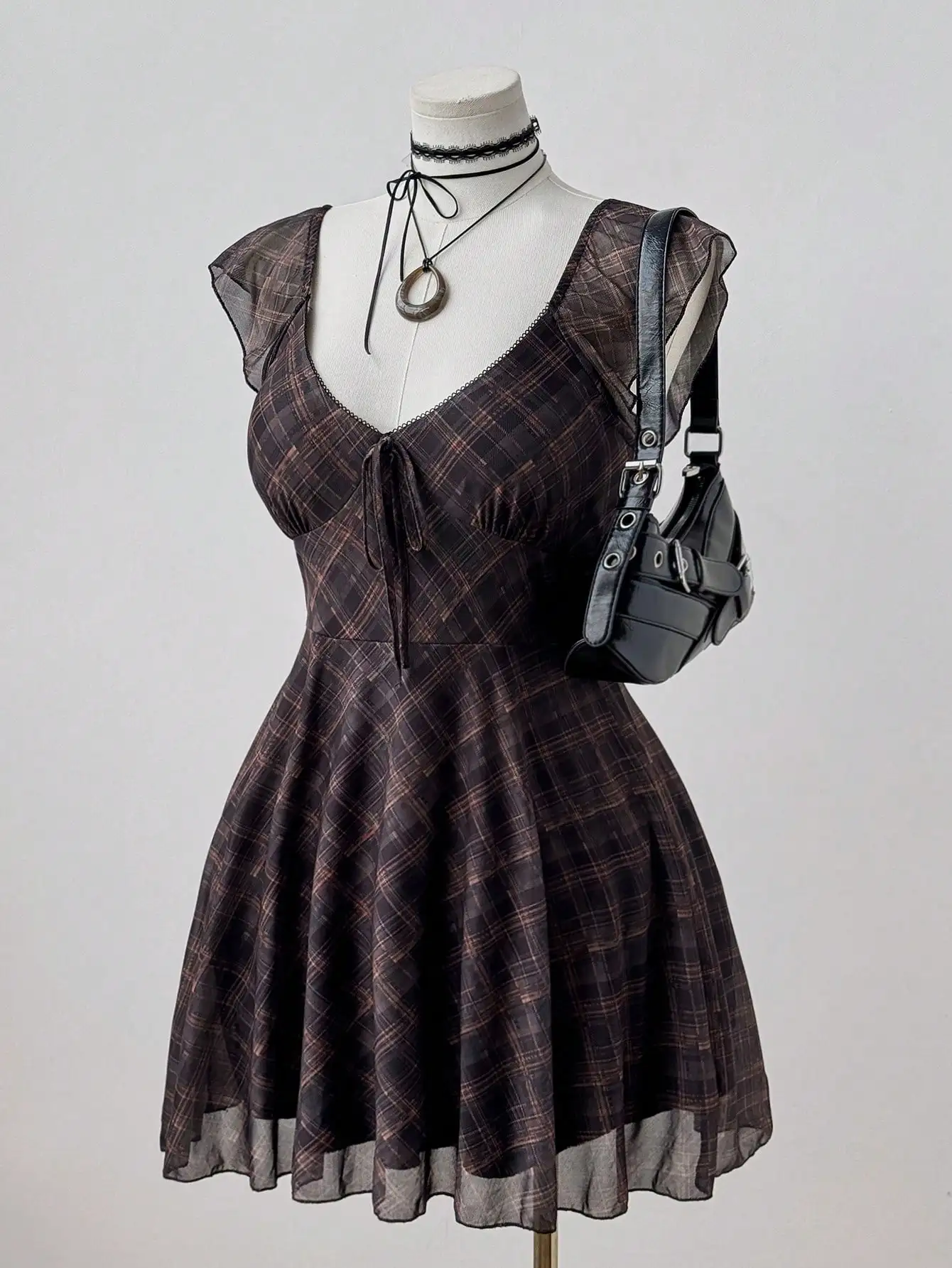 

Plus Size Plaid Print Cap Sleeve Square Neck Dress with Sheer Overlay and Drawstring Detail