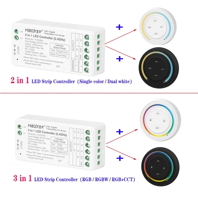 

Miboxer 2.4G Round Remote Rainbow dimmer Switch 2 /3 in 1 LED Strip Light Controller DC12~24V