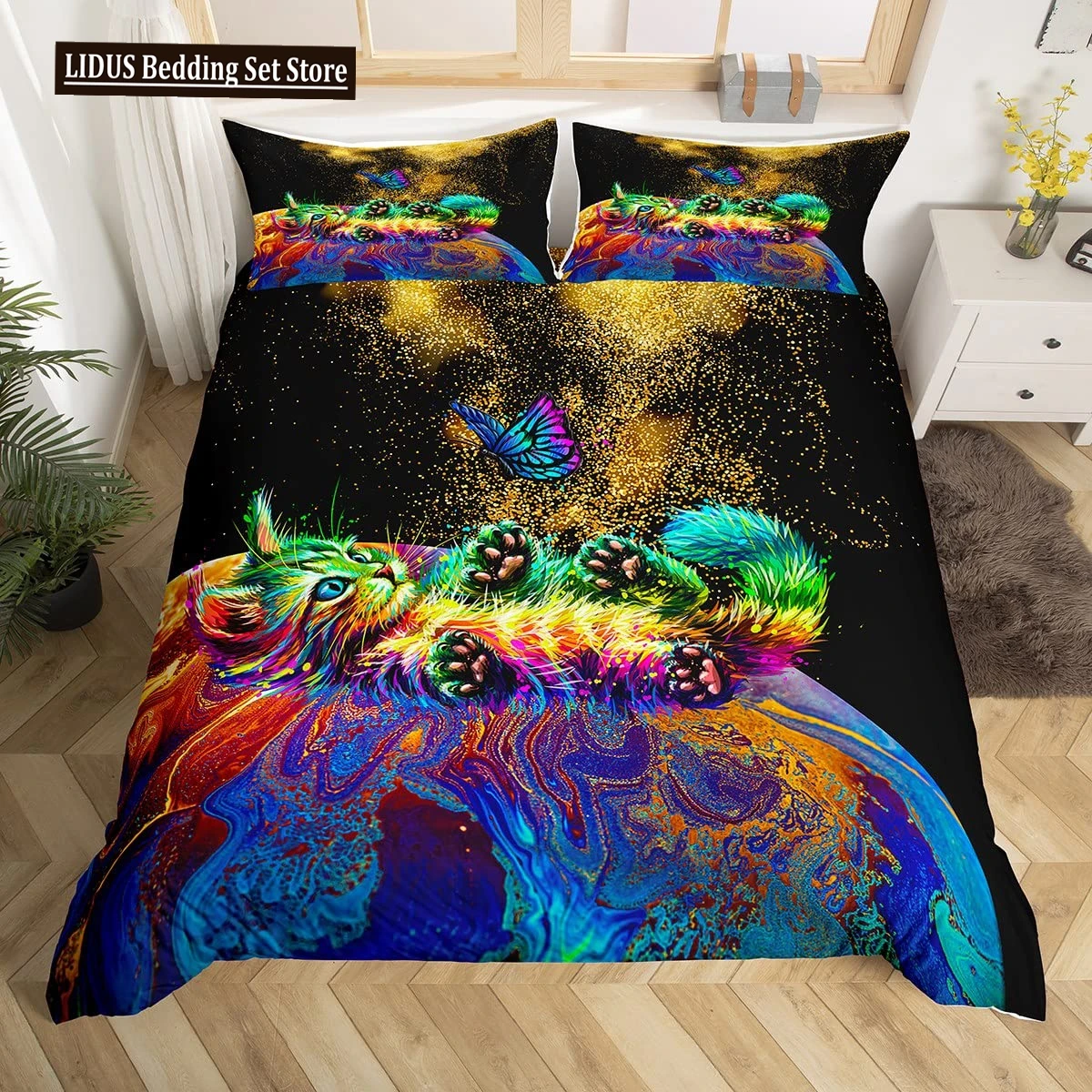 Rainbow Cat Butterfly Duvet Cover Set King,Watercolor Tie Dye Planet Galaxy Outer Space Bedding Set Shiny Golden Glitter Bed Set