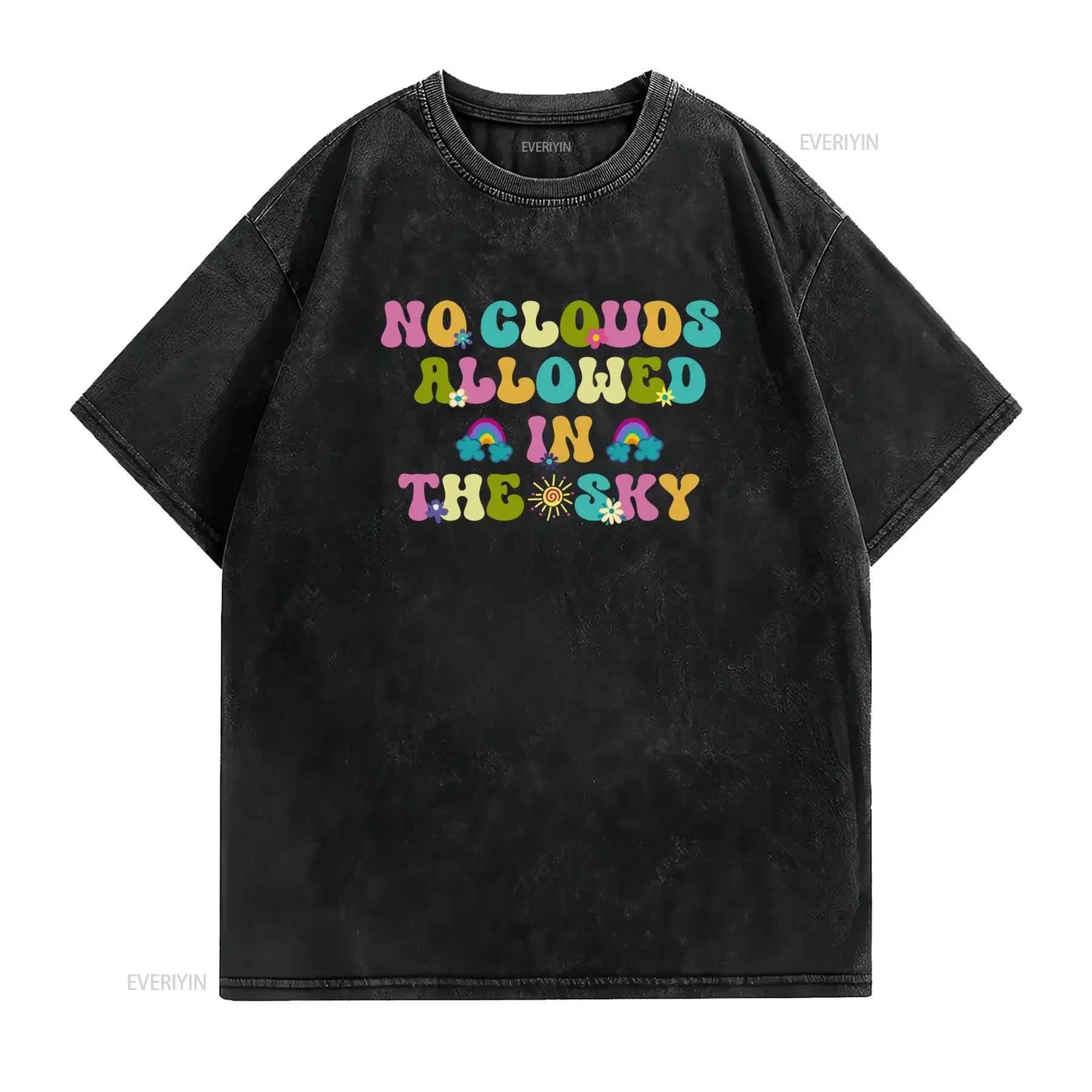 Groovy Retro Hippie No Clouds Allowed In The Sky Rainbow Sun Floral Print Casual T Shirt vintage Washed homme Stretched
