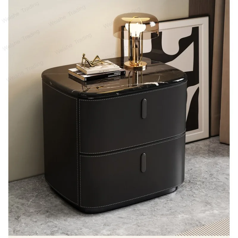 All solid wood saddle leather home bedroom high-end modern light luxury side cabinet simple microcrystalline stone bedside table