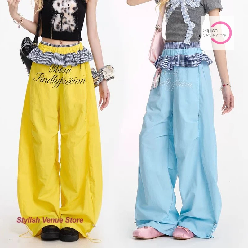 American retro dopamine plaid lace wide-leg pants women's summer new fashion design light and quick-drying overalls pants