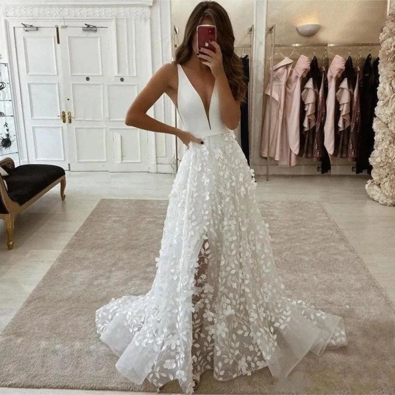 Boho V-Ausschnitt Spitze Applikationen Brautkleid A-Linie ärmellose Träger Brautkleider sexy rücken freie Brautkleider Robe de Mariée