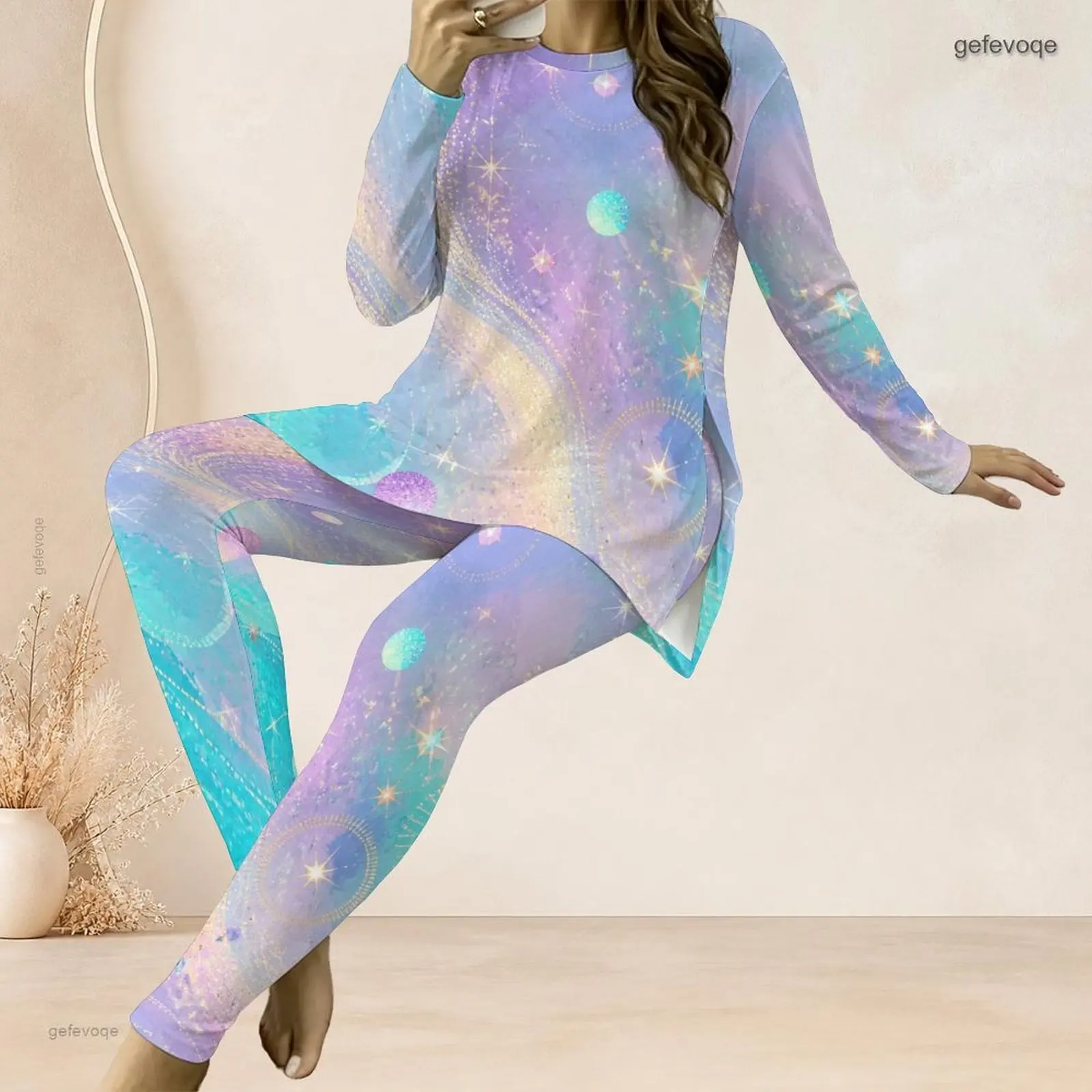 Women Pastel Galaxy Star Printed Round Neck Long Sleeve Top and Fitted Pants Two Piece Set