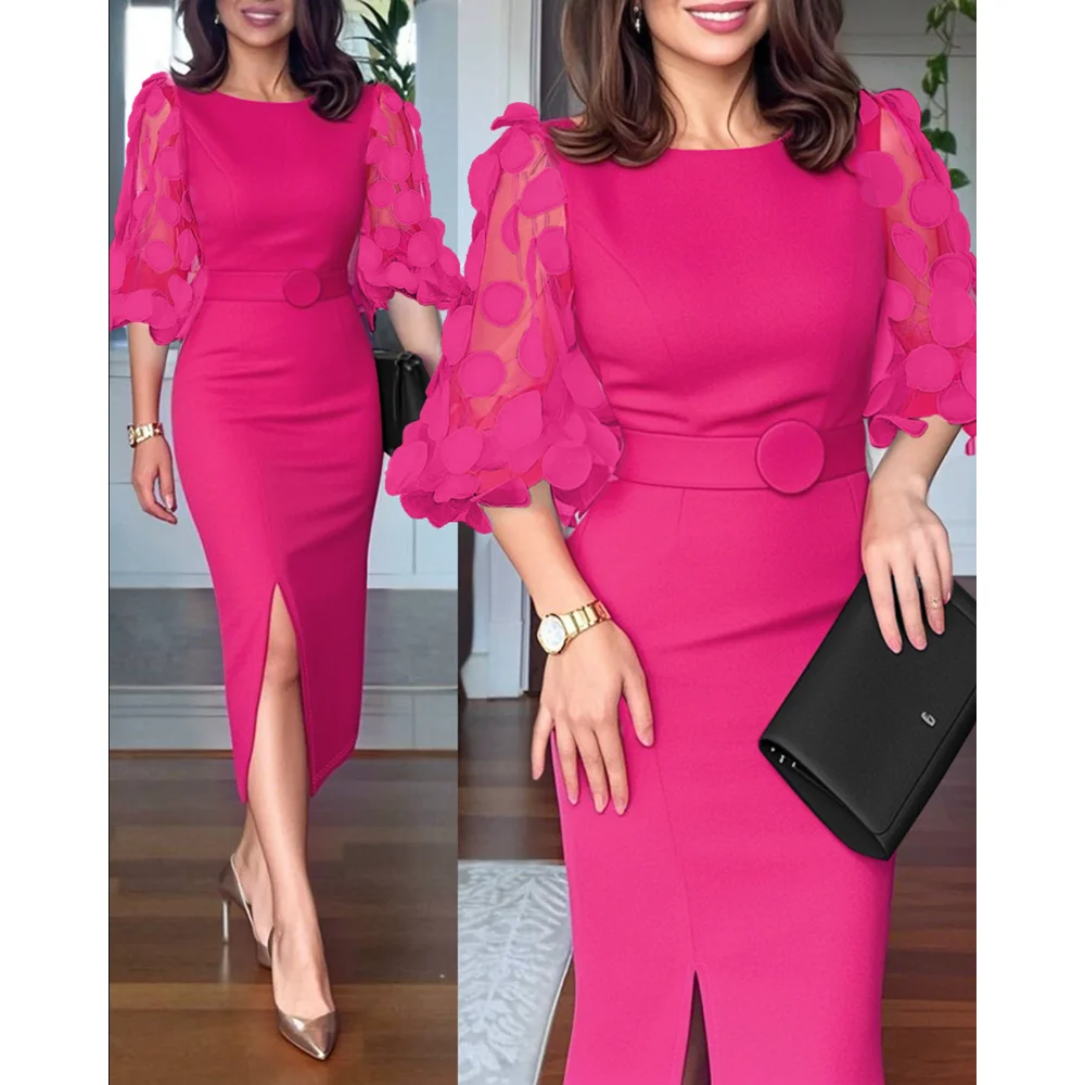 

2025 Fashion Women Polka Dot Appliques Mesh Lantern Sleeve Zipper Back Slit Work Dress Cinched Waist Slim Fit Mid-Length Dress W