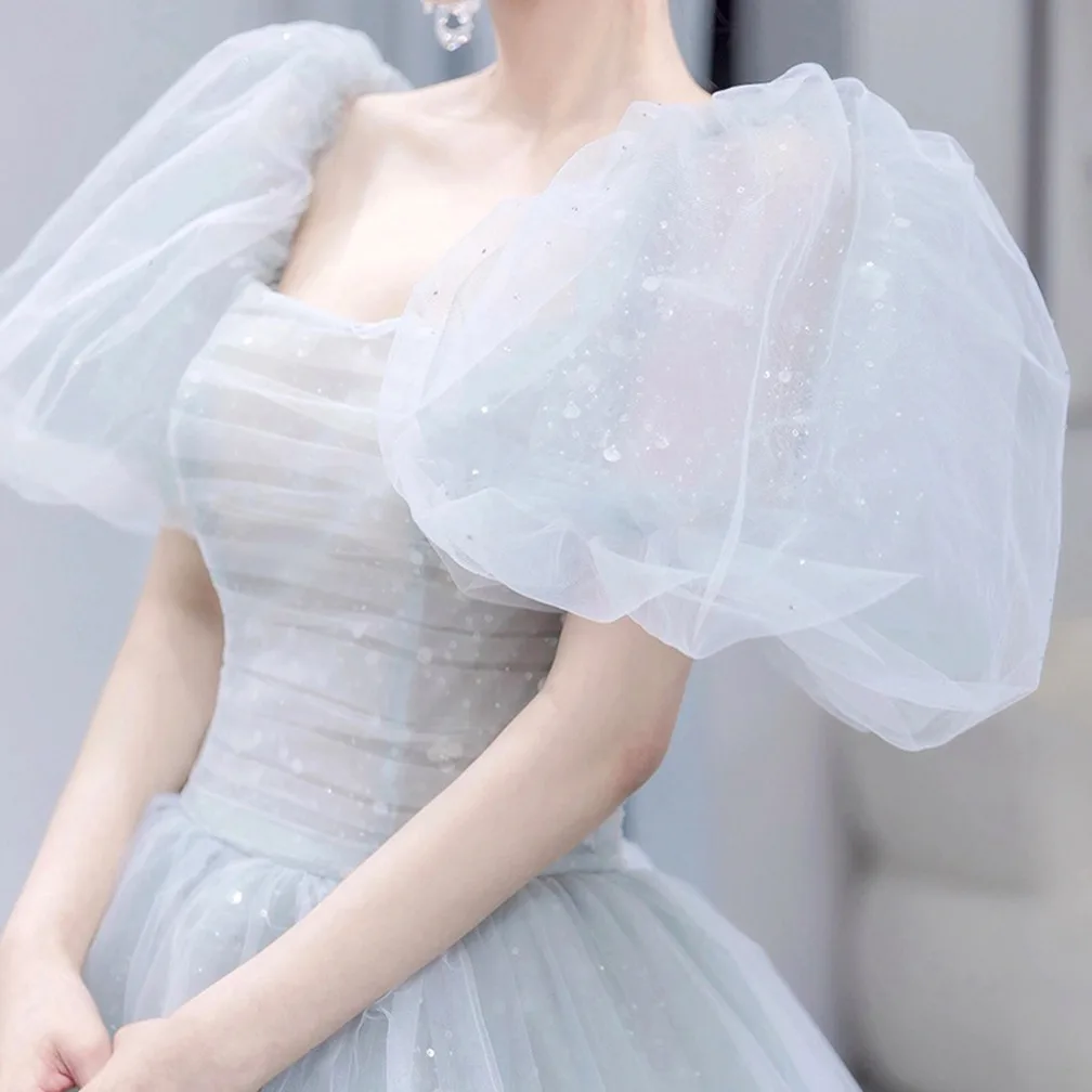 Prom Dresses Square Collar Floor-Length Tulle Evening Dresses Pleat A-LINE Prom Dress with Puff Sleeve Customized