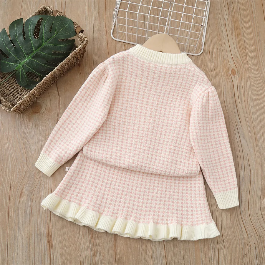 Autumn New Girls Plaid Knitted Sweater and Skirt Two Pieces Sets For Children's Clothing Set Trendy Bow Cardigan Girl Outfits