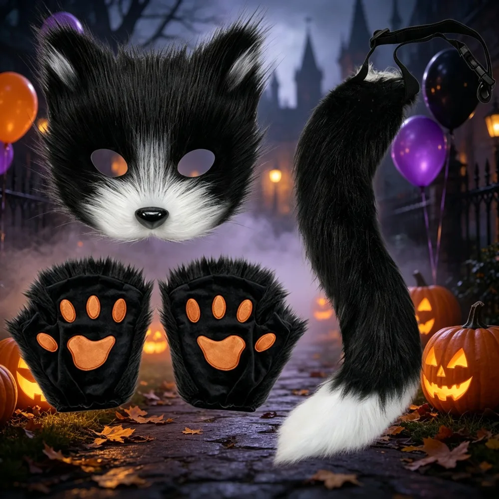 Handmade Cosplay Accessory Set Mask Paw Gloves and Plush Tail Halloween Masquerade Role Play Costume Props