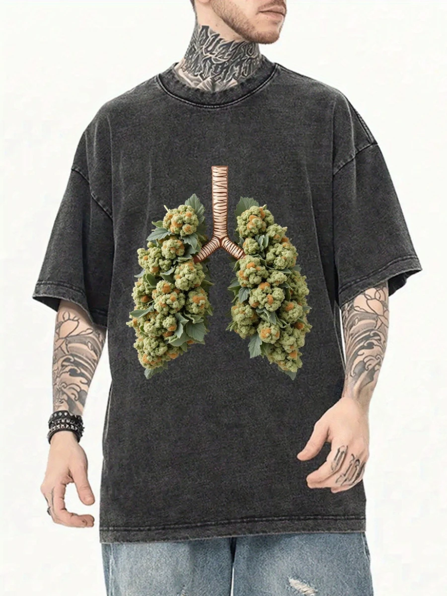 Men's Washed T Shirt Vintage Ironic Humor Meme Lungs Summer Women Tee Oversize Novelty Vintage Punk Hip Hop Y2K  Retro Novelty