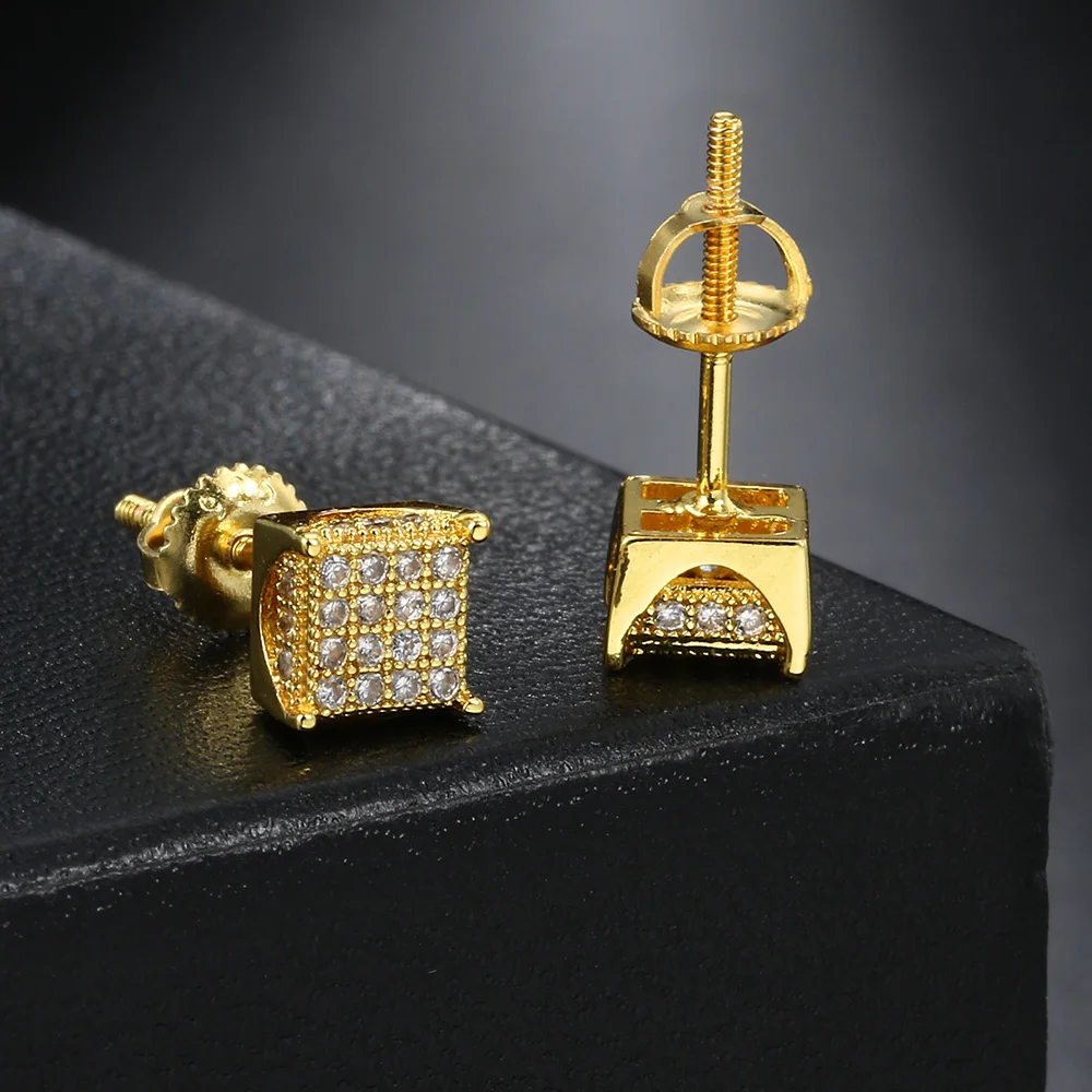 Square Shape 5mm Gold Color Stud Earrings For Women Men Minimalist Inlaid Zircon Shiny Crystal Hiphop Punk Earing Jewelry OHE179