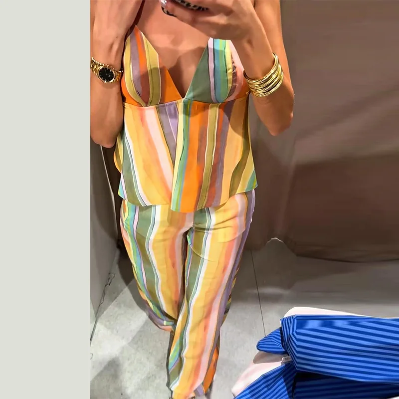 Gestreifte V-Ausschnitt Rückenfreie Crop-Tops und Hosen-Sets für Damen, Sexy Ärmelloses Schnür-Top, Midi-Taille, Weite Hosen, Schicke Damen-Outfits – Detail 6
