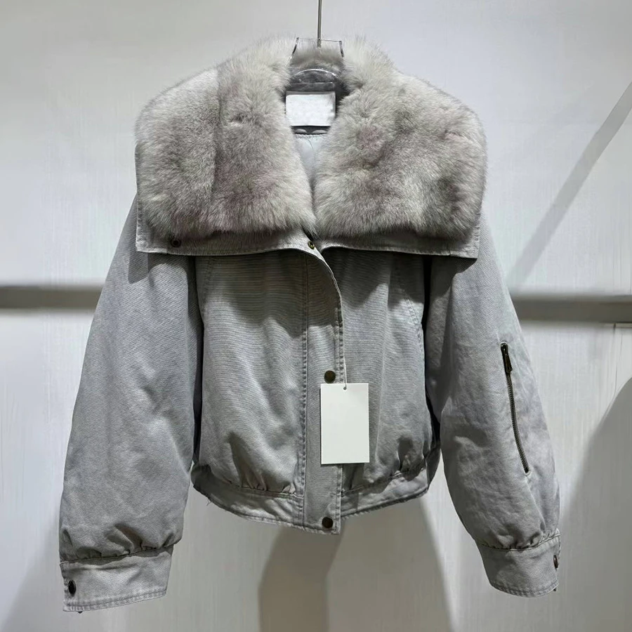 

Women's Winter Down Jacket With Fur Collar Short Real Fox Fur Puffer Jacket Bomber Jacket Fashion Fur Puffer Jacket