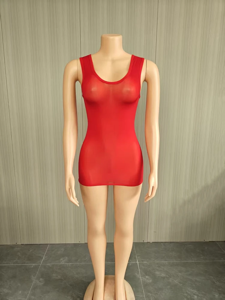 JENYAGE Sexy glänzendes, transparentes Tank-Minikleid für Damen, Stretch-Mesh, figurbetont, für Nachtclubs, ärmellos, mit Rundhalsausschnitt, durchsichtiges Partykleid – Detail 9