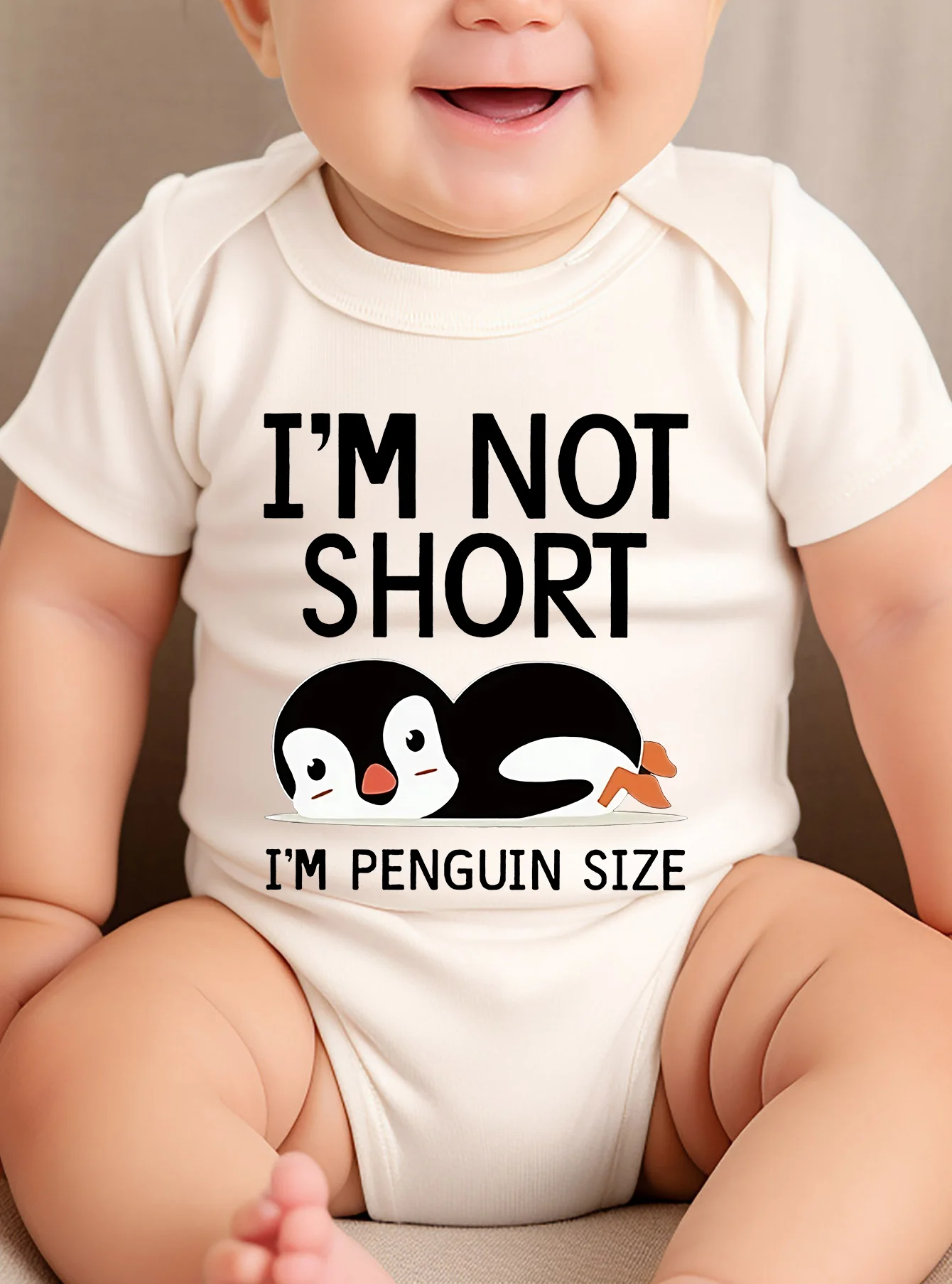 Newborn I\'m Not Short Printing Bodysuit Baby Girl Boy Penguin Pattern Clothes Rompers Jumpsuit Infant Toddler Cute