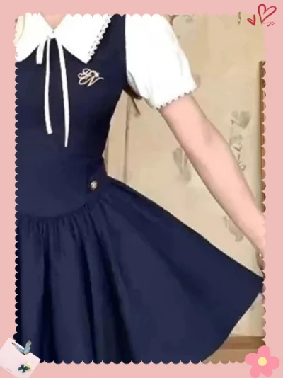 

College Style Fake Two-piece Doll Collar High Waist Slimming Dress Summer Sweet Beautiful Woman Short Sleeve Pleated Dresses