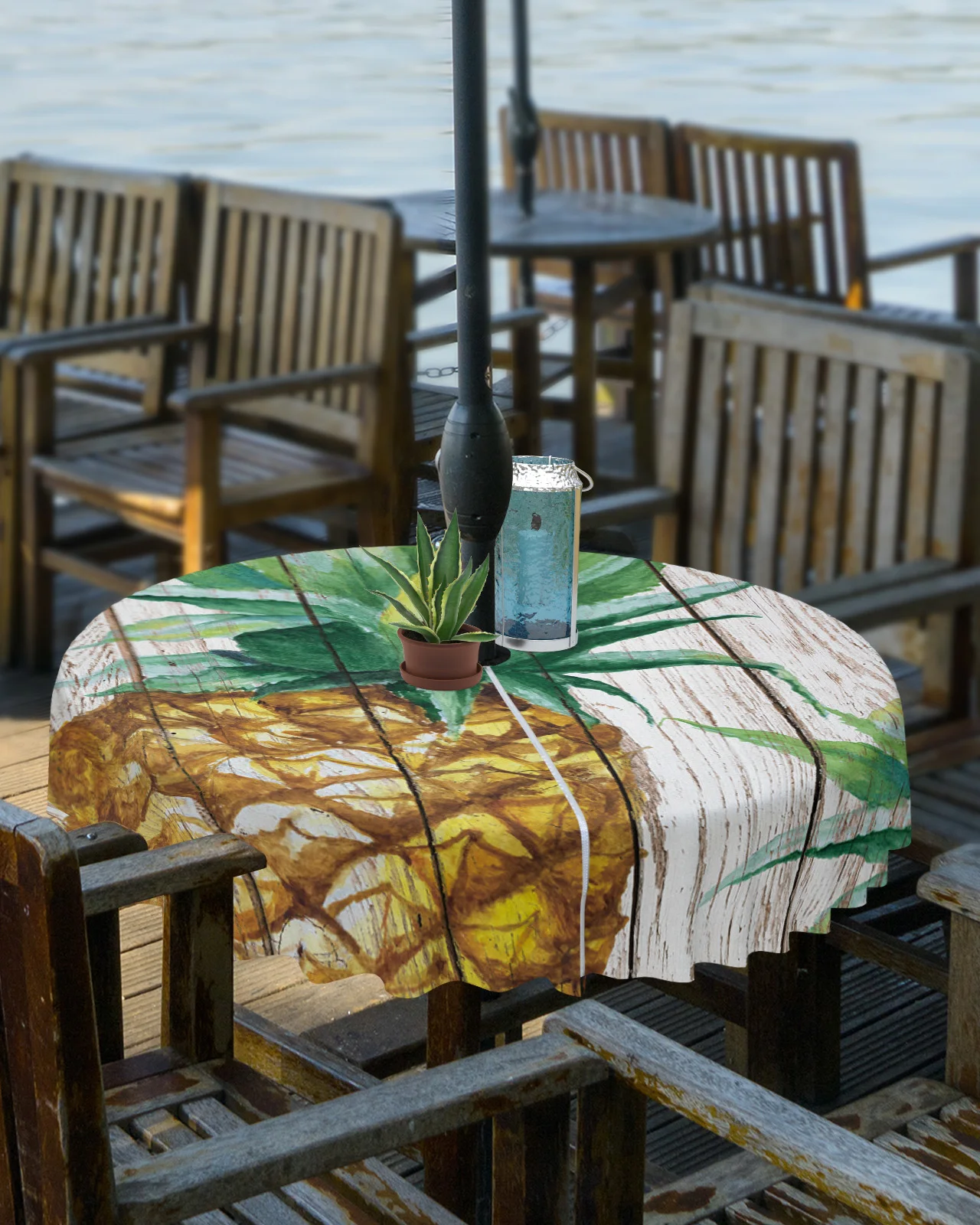 Vintage Wood Grain Tropical Fruit Pineapple Outdoor Tablecloth with Umbrella Hole Zippered Waterproof Patio Round Table Cover