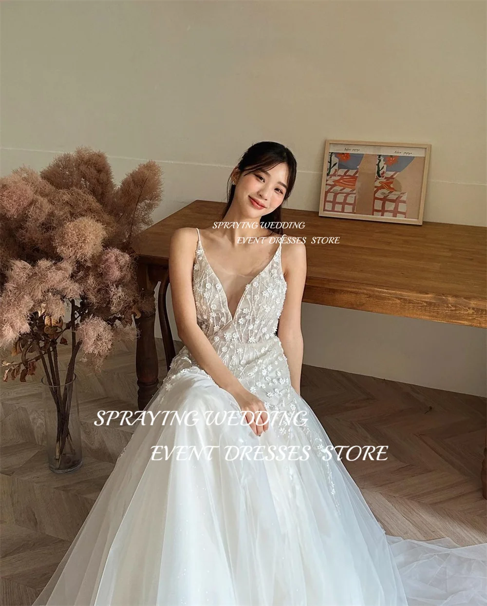 Spruzzatura principessa Spaghetti Strap corea abiti da sposa scollo a v pizzo lungo Boho abito da sposa corsetto Backless a-line abito da sposa