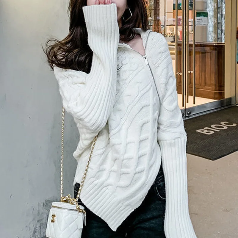 Fashion Solid Color Knitted Zipper Irregular Cardigan Sweaters Female Clothing 2023 Autumn New Asymmetrical Casual Tops