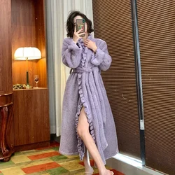 QNPQYX New Autumn Winter Flannel Nightgown Women Mid-Length Fashion Coral Fleece Retro Pajamas Home Clothes