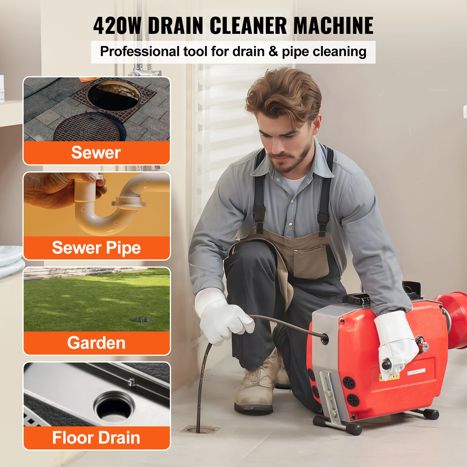 VEVOR 120FT x 7/8 Inch Drain Cleaner Machine 420W Electric Sewer Snake Auger Manual Feed with  Cutters Cables CW/CCW Control