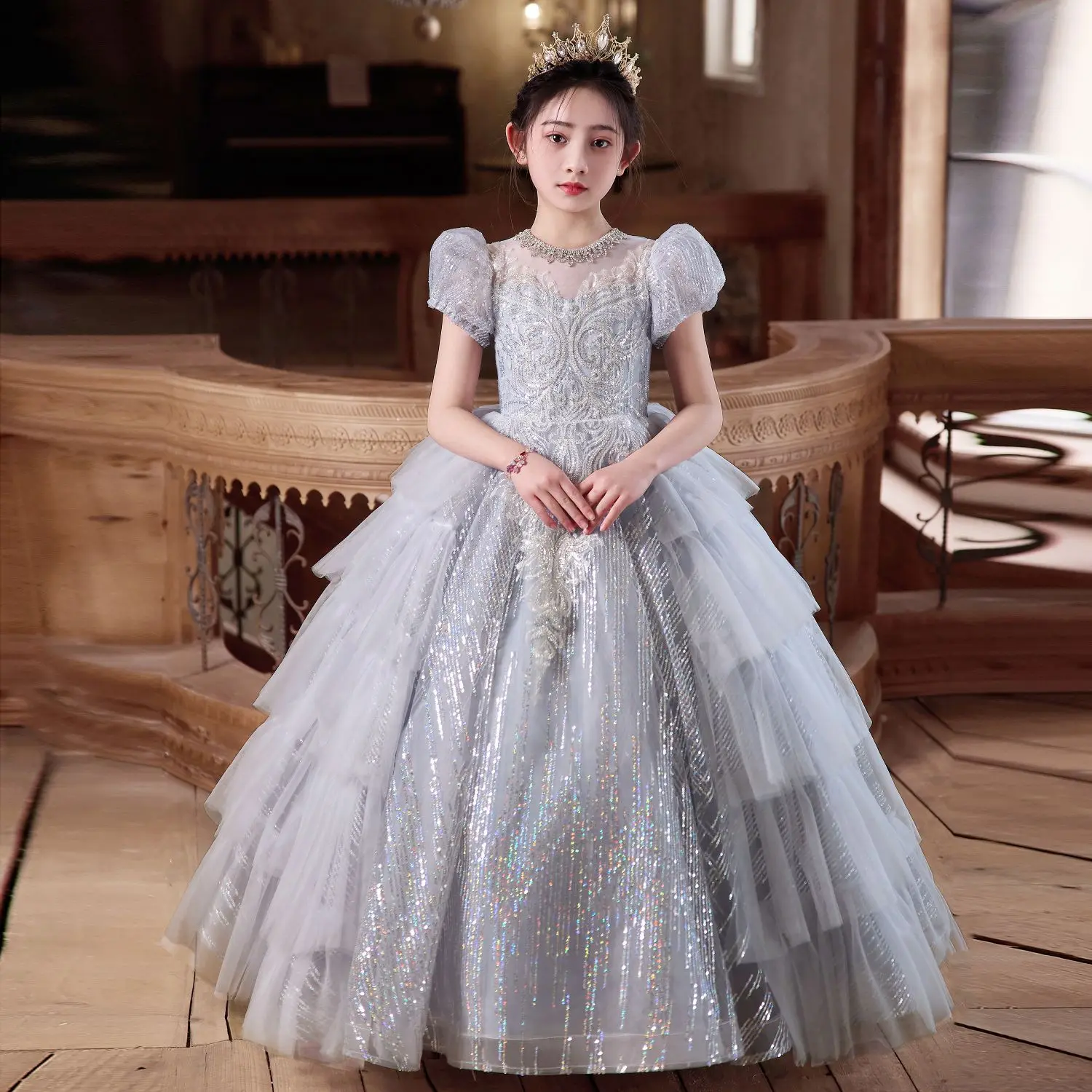 Baby Girls Summer Sweet Shiny Princess Shiny Blue Elegance Piano Performance  Birthday Party Clothes Mesh Long Dress Skirts