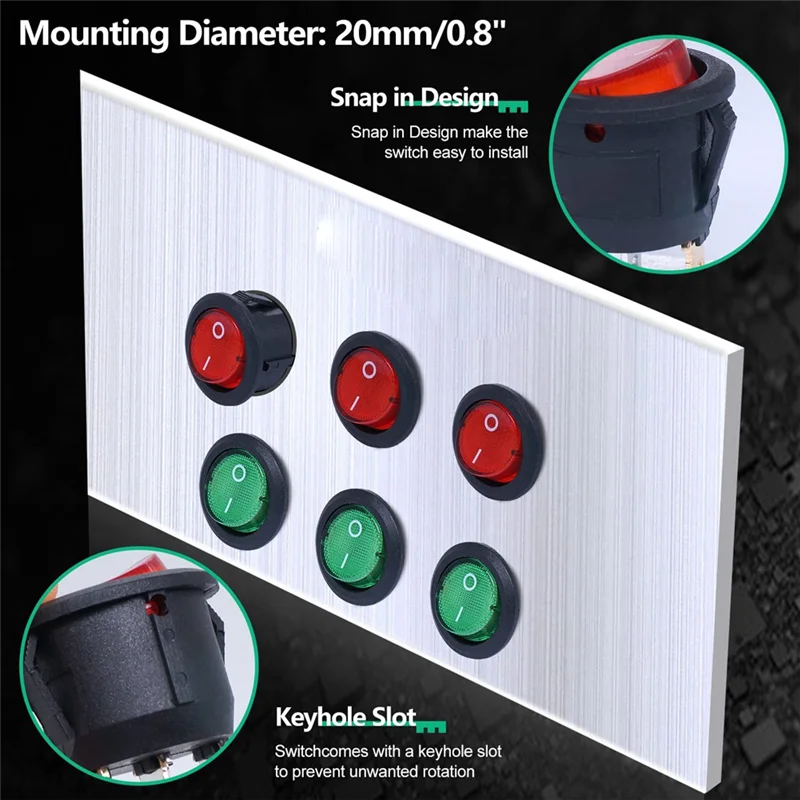 

A73E-6Pcs KCD1-105 Round Rocker Switch 3 Pins 2 Position ON/Off Red And Green LED Light Illuminated Round For Various Applicatio