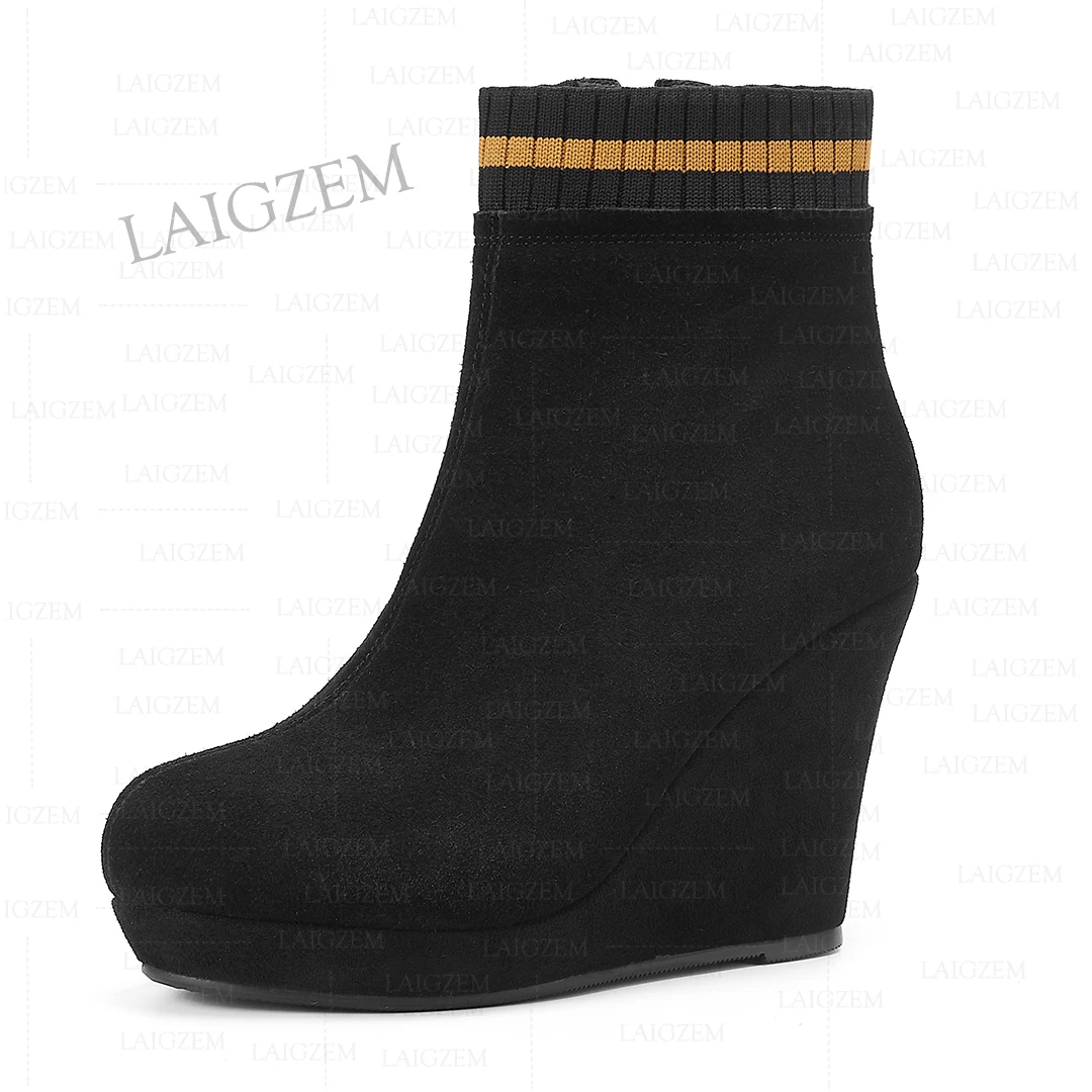 LAIGZEM Women Ankle Boots Platform Wedges Real Leather/ Real Suede 9cm High Heels Booties Zip Ladies Shoes Woman Size 33 39 40