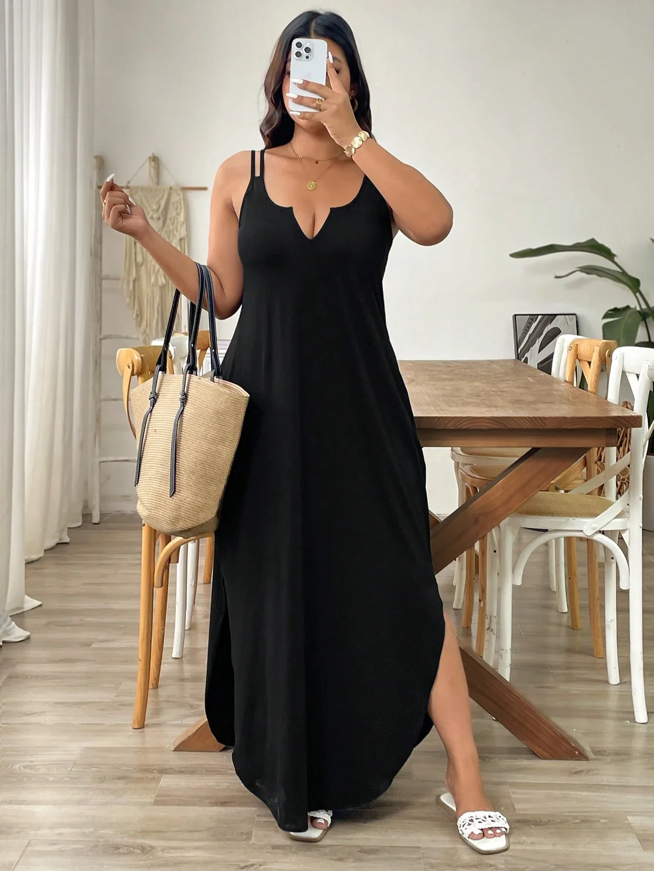 

Elegant Black Sleeveless V-Neck Maxi Dress With Side Slit Loose Fit For Women