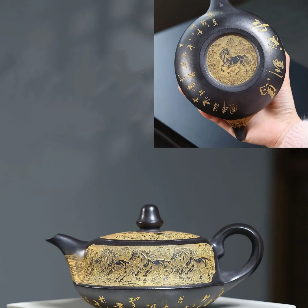 560ml Yixing Zisha Teapot Eight Horses Success Theme Gilded Relief Hand‑Carved Purple Clay Teapot Large Capacity Chinese Kung Fu