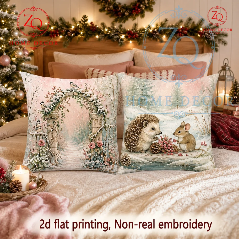 Vintage Watercolor Winter Garden Hedgehog  Bird Throw Pillow Cover Cozy Christmas Farmhouse Cushion Case for Sofa Couch