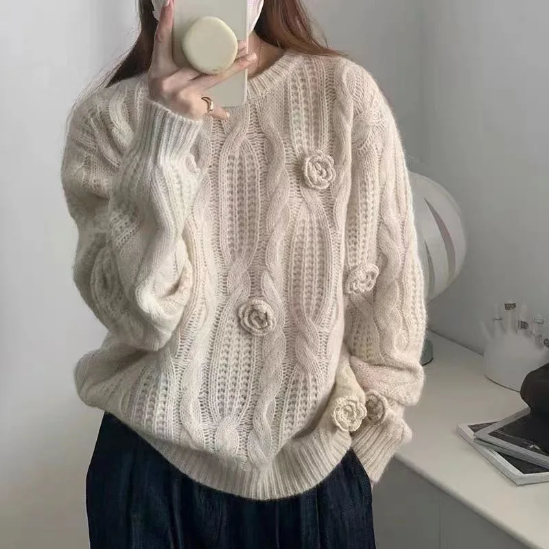 Solid Color Women's Knitted Sweater O-neck Three-dimensional Rose Pullover Sweater Jacket 2024 Autumn Soft Beautiful New Top