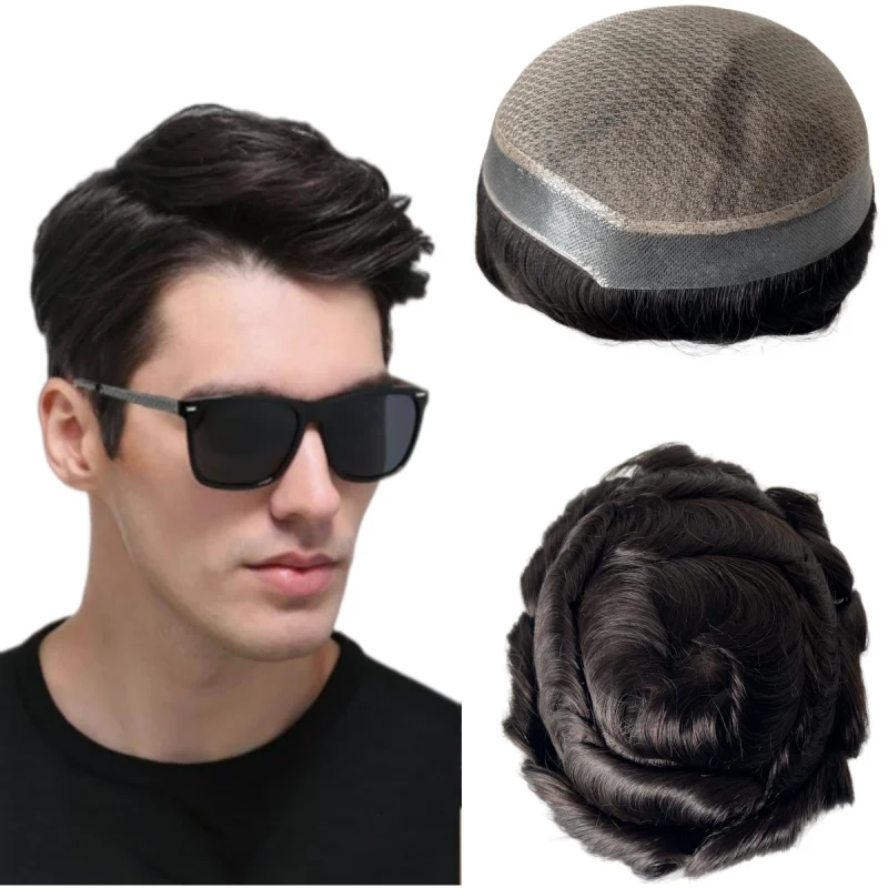 

Индийские натуральные волосы для замещения волос, 6 дюймов, 8*10 # Мужской парик-накладка 1B 32 мм с волнистыми волосами на шелковой основе