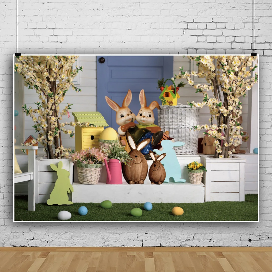 ฤดูใบไม้ผลิอีสเตอร์กระต่ายพื้นหลังดอกไม้กระต่ายหญ้า Lown วันเกิดการถ่ายภาพฉากหลังอีสเตอร์ไข่ Vintage ประตูฤดูใบไม้ผลิ Photocall