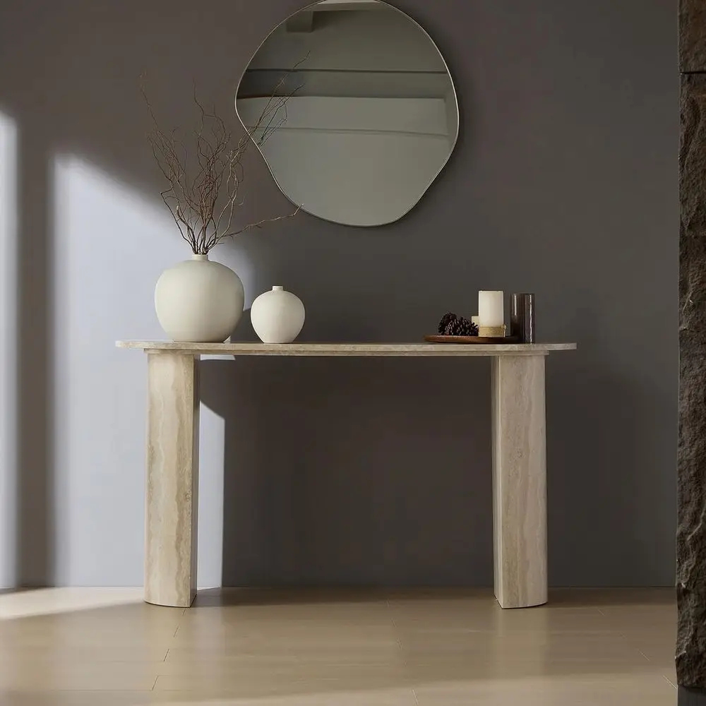 

55.12 Inch Wide Marble Console Table for Entryway, Living Room, and Hallway, Beige