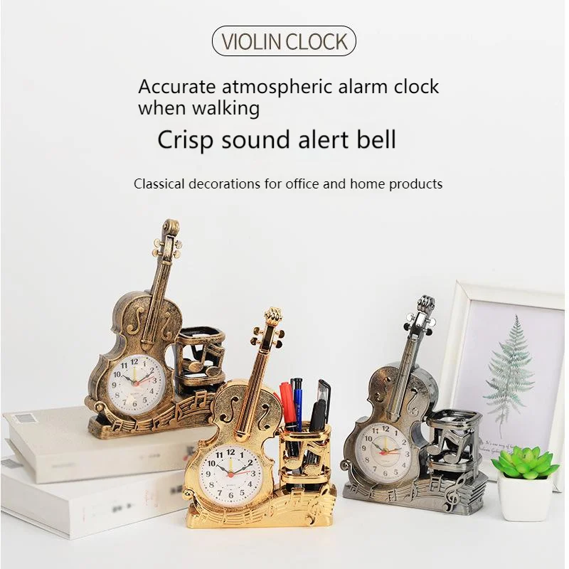 

Creative Home Wake up Alarm Bell Student Gifts Opening School Gifts Guitar with Pen Holder Alarm Clock Retro Clock