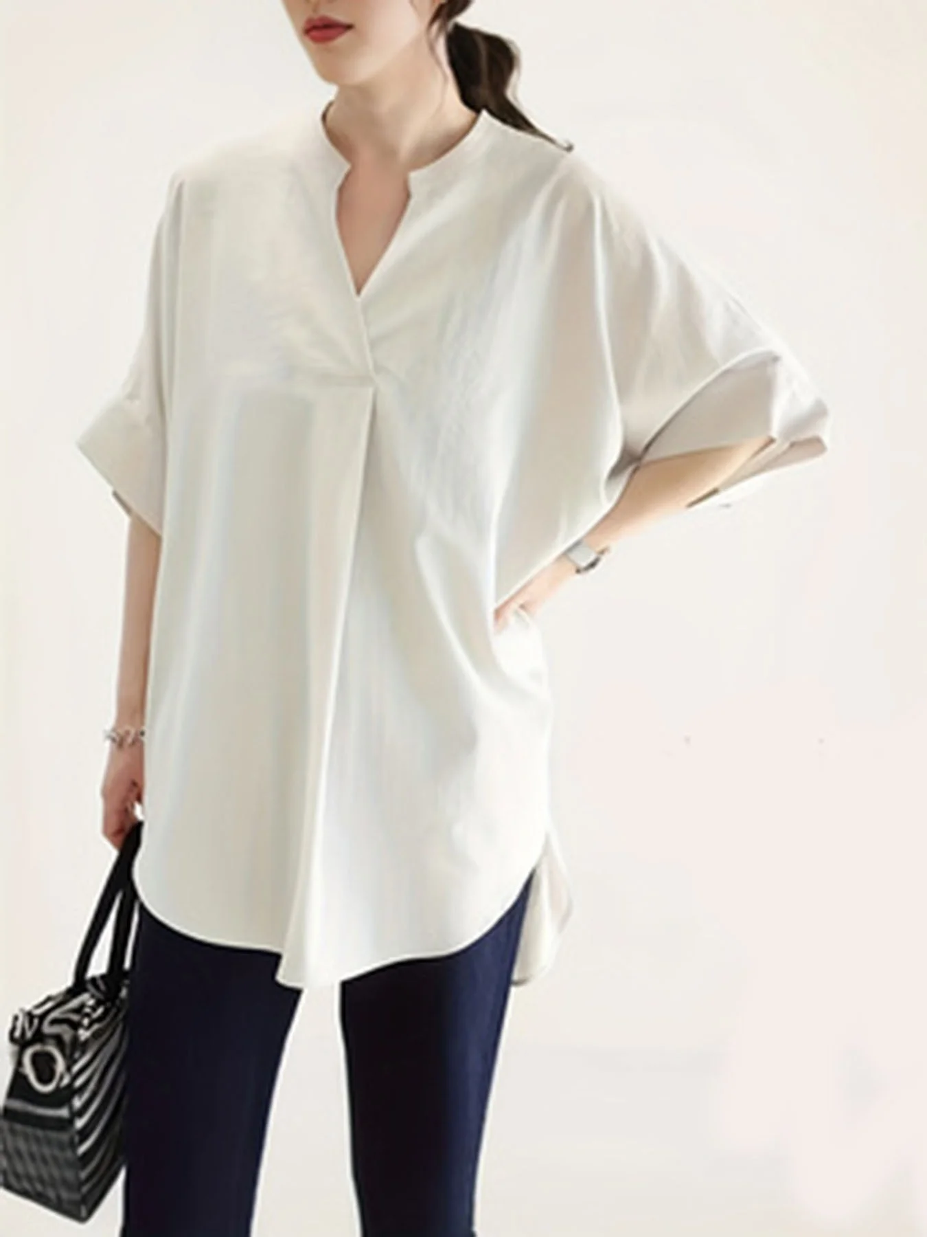 

Korean V-neck pullover loose solid color shirt bat sleeve top for women