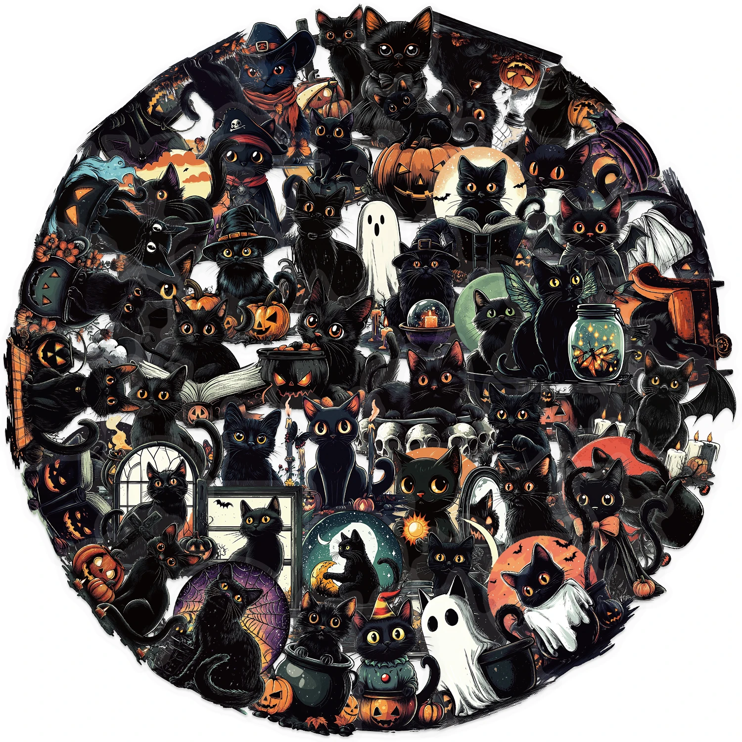 Confezione da 50 adesivi per gatti neri di Halloween, decalcomanie per notebook, cancelleria, album, diario telefonico, graffiti, adesivi in PET