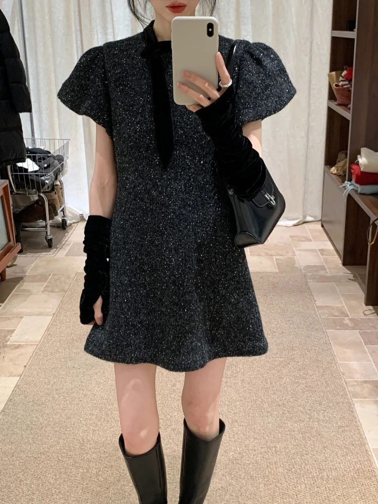 

Deep ey iny Sequin Bubble Sve Dr Women's Winter New Heavy Work High-End Feeling Princ Sle A-Line Skirt Dr