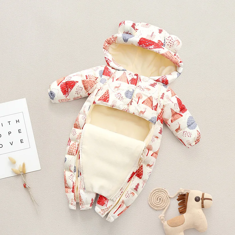 Autumn Winter Baby Jumpsuit Cartoon Printed Hooded Plus Velvet Baby Boy Snowsuit 0-2 Years Newborn Todder Overalls Infant Romper