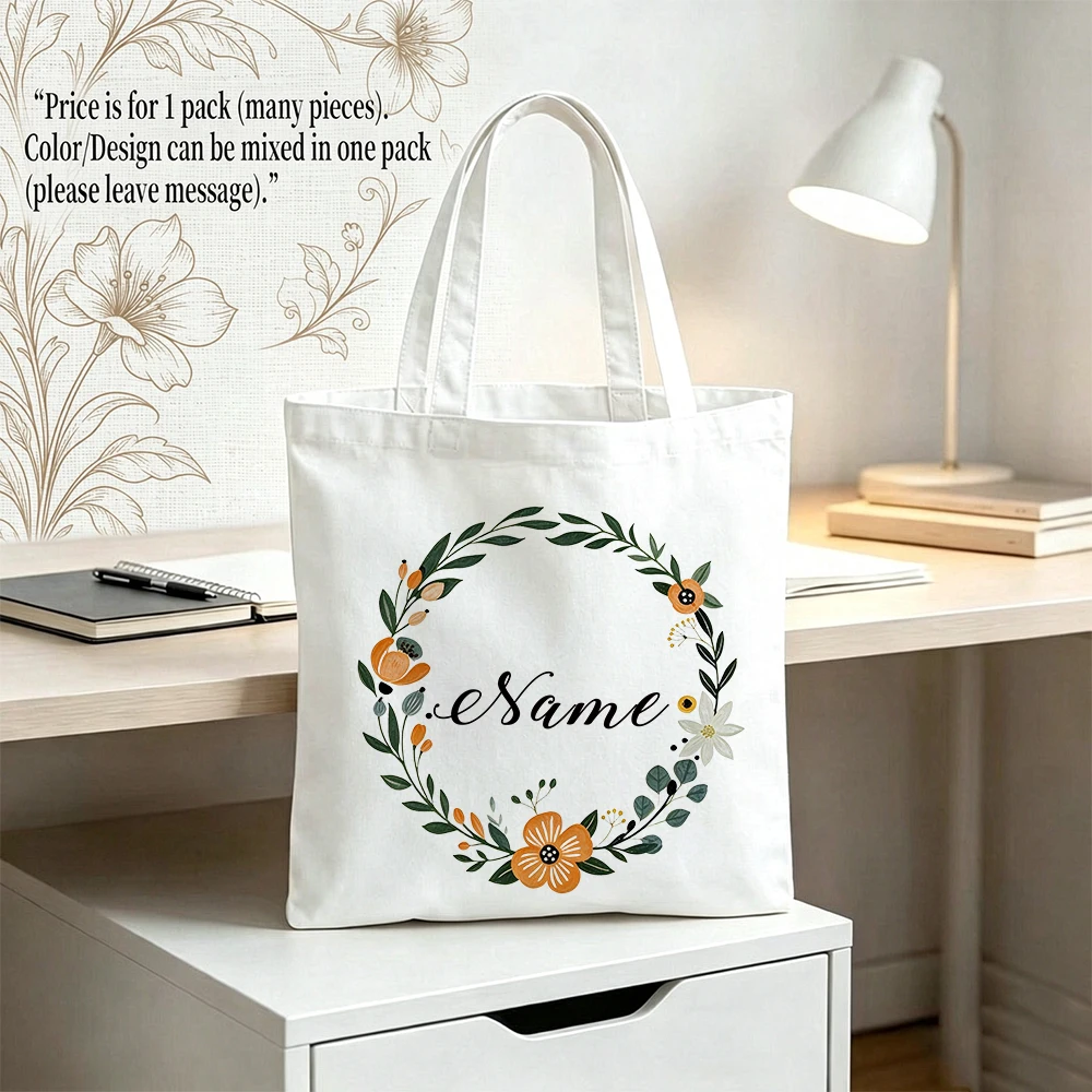 Personalized Floral Wreath Canvas Tote Bags Custom Names Orange Flower Botanicals Grocery Shopping Bags Reusable for Women Gifts 3